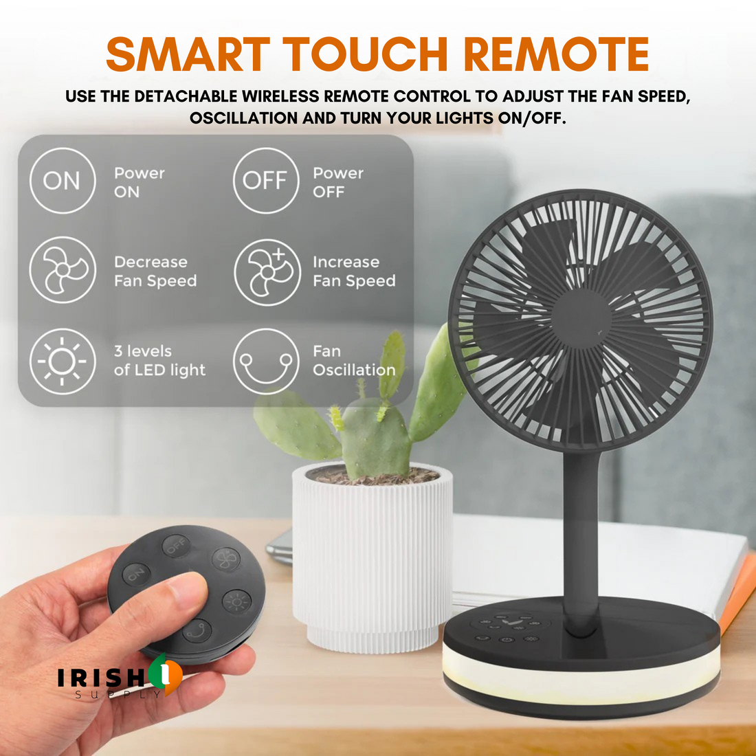 VENTURA Wireless Battery Operated Fan With 4 Speeds, LED Lighting, Carry Case & Remote Control